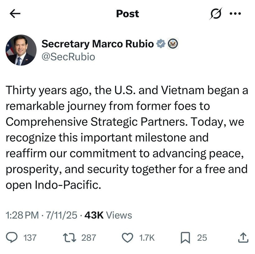 La publicación en la red social X del secretario de Estado estadounidense Marco Rubio. 