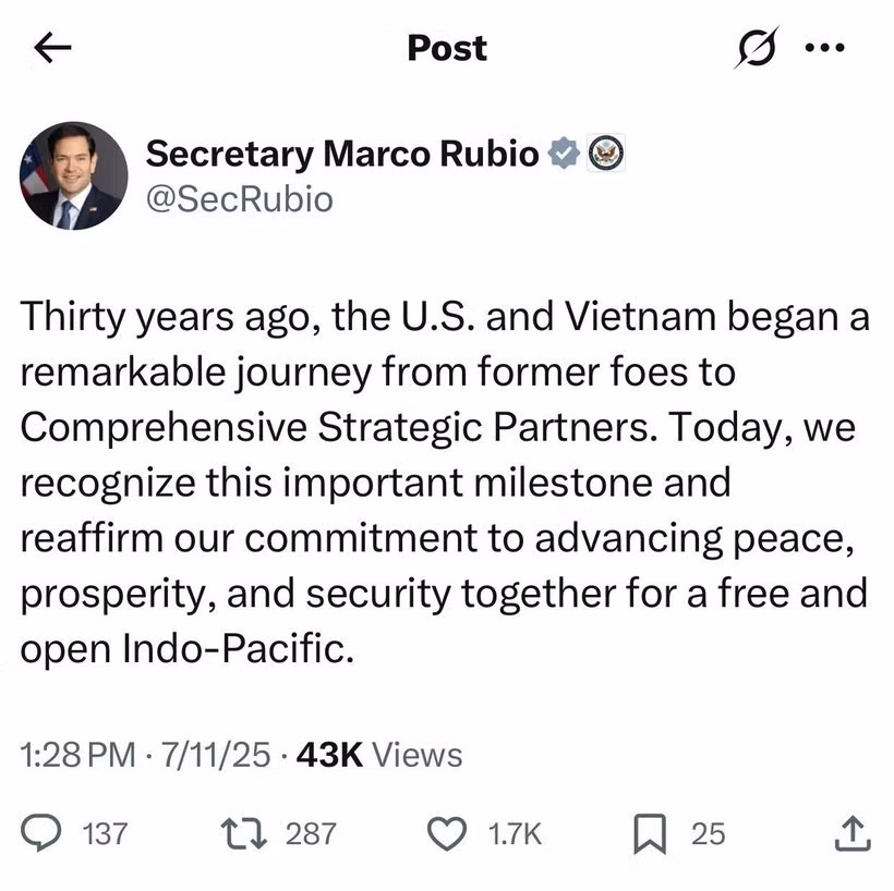La publicación en la red social X del secretario de Estado estadounidense Marco Rubio. 