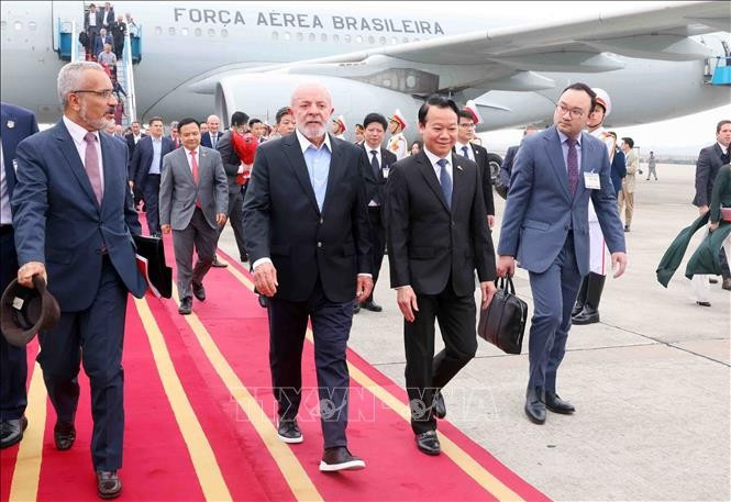 El ministro de Agricultura y Medio Ambiente de Vietnam, Do Duc Duy, recibe al presidente de Brasil, Luiz Inácio Lula da Silva en el aeropuerto internacional de Noi Bai en Hanoi. (Fuente: VNA) 
