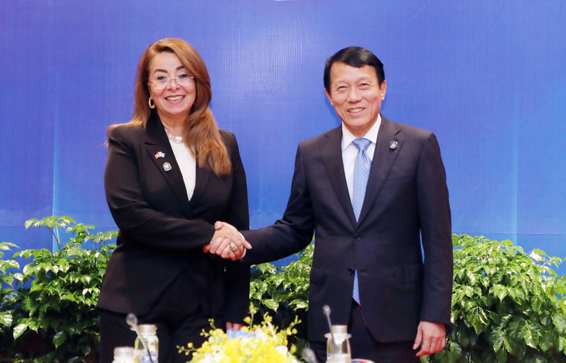 El ministro de Seguridad Pública de Vietnam, general Luong Tam Quang, y Ghada Waly, subsecretaria general de la ONU y directora ejecutiva de la Oficina de la ONU contra la Droga y el Delito (UNODC). (Fuente: VNA)