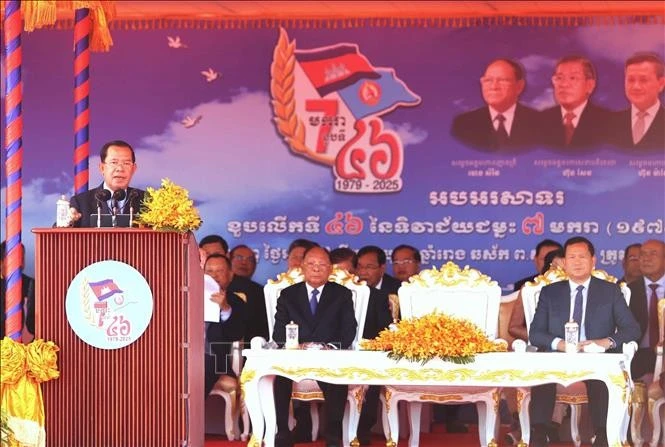 El presidente del PPC, Samdech Techo Hun Sen, pronuncia un discurso en el evento. (Fuente: VNA)