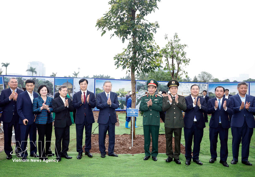 El secretario general del Partido Comunista de Vietnam (PCV), To Lam y los delegados en la ceremonia de lanzamiento del movimiento de plantación de árboles. (Fuente: VNA) 