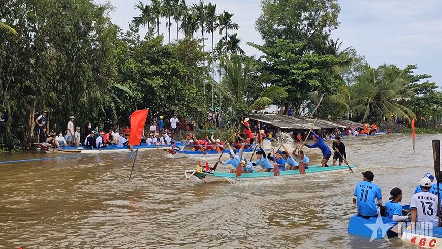 Cada equipo de botes está compuesto por 8 nadadores, compitiendo ferozmente. Foto: VNA