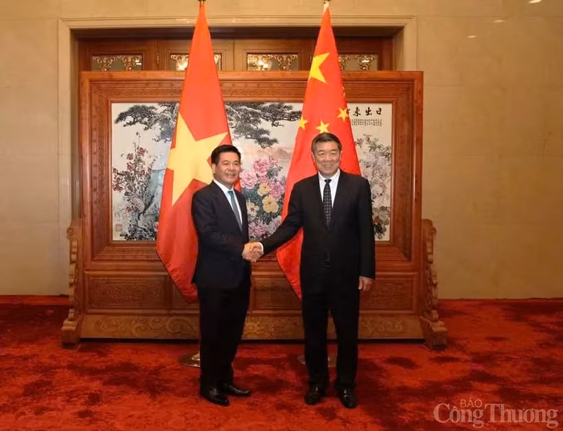 El ministro vietnamita de Industria y Comercio, Nguyen Hong Dien, y el viceprimer ministro chino He Lifeng. (Foto: VNA)
