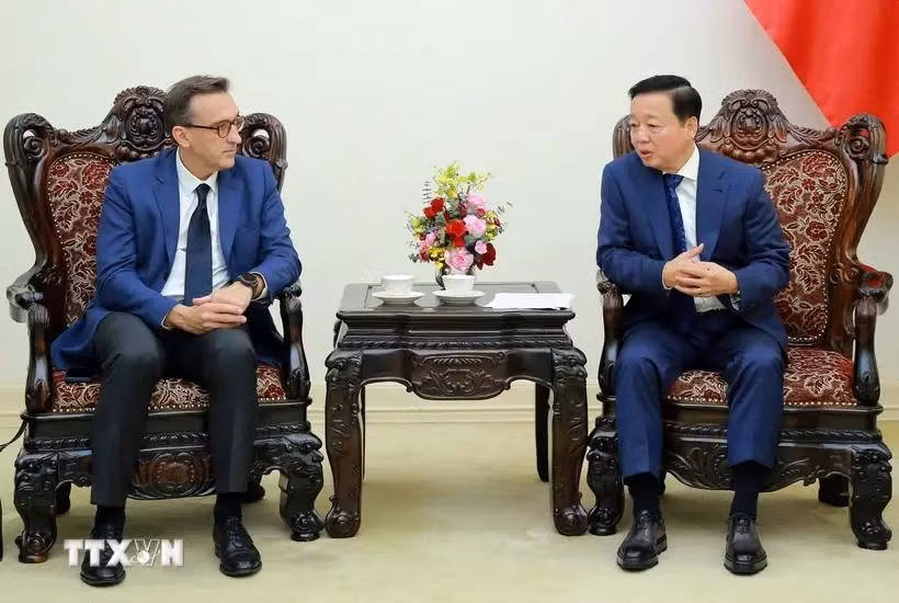 El viceprimer ministro de Vietnam Tran Hong Ha recibe a Mathieu Friedberg, vicepresidente del Grupo de Transporte Marítimo y Logística de Francia. (Foto: VNA)