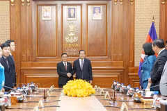 El miembro del Buró Político e integrante permanente del Secretariado del Comité Central del Partido Comunista de Vietnam (PCV), Tran Cam Tu, se reúne con el jefe de Estado interino, presidente del Partido Popular de Camboya y titular del Senado, Hun Sen. (Foto: VNA)