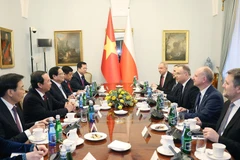 El primer ministro vietnamita, Pham Minh Chinh, dialoga con el presidente polaco, Andrzej Duda. (Fuente: VNA)