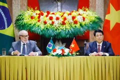 El presidente vietnamita, Luong Cuong (derecha), y su homólogo brasileño, Luiz Inácio Lula da Silva, se reúnen con la prensa en Hanoi el 28 de marzo. (Foto: VNA)