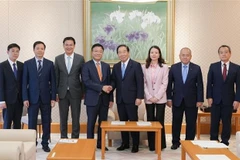 El vicepremier vietnamita Le Thanh Long (cuarto desde la izquierda) se reúne con el presidente de la Cámara de Representantes de Japón, Nukaga Fukushiro (cuarto desde la derecha). (Foto: VNA)