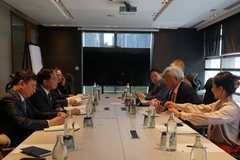 Durante el encuentro entre el presidente del Banco Asiático de Inversión en Infraestructura (AIIB), Jin Liqun, y el viceprimer ministro y canciller vietnamita, Bui Thanh Son. (Foto: VNA)