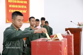 Los nuevos soldados en la provincia de Lam Dong participan en la votación anticipada. (Fuente: VNA)