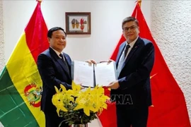 El embajador Bui Van Nghi entrega la decisión del viceprimer ministro y canciller vietnamita sobre la reasignación de Miguel Angel Pérez Peña como cónsul honorario de Vietnam en Bolivia. (Fuente: VNA) 