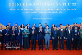 El primer ministro Le Minh Hung con los delegados que asistieron a la sesión plenaria de la 33.ª Conferencia Diplomática. (Foto: VNA)
