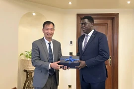 El embajador de Vietnam en Egipto, Nguyen Nam Duong, entrega un regalo al ministro sursudanés de Asuntos Exteriores y Cooperación Internacional, Monday Semaya Kumba. (Fuente: baoquocte.vn)