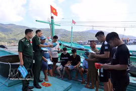 Oficiales del Comando de la Guardia Fronteriza de la ciudad de Da Nang difunden información sobre la pesca IUU entre los pescadores locales. (Fuente: VNA) 