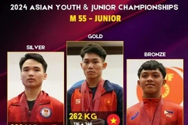 El levantador de pesas vietnamita K'Duong (centro) gana seis oros en la categoría de 55 kg en el Campeonato Asiático de Halterofilia Juvenil y Juvenil de 2024 en Doha, Qatar. (Foto de AWF)