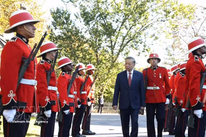 El secretario general del Partido Comunista y presidente de Vietnam, To Lam, pasa revista a la guardia de honor. Foto: VNA