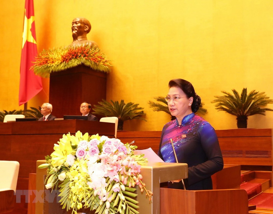 La presidenta de la Asamblea Nacional de Vietnam, Nguyen Thi Kim Ngan, pronuncia un discurso de apertura (Fuente: VNA)