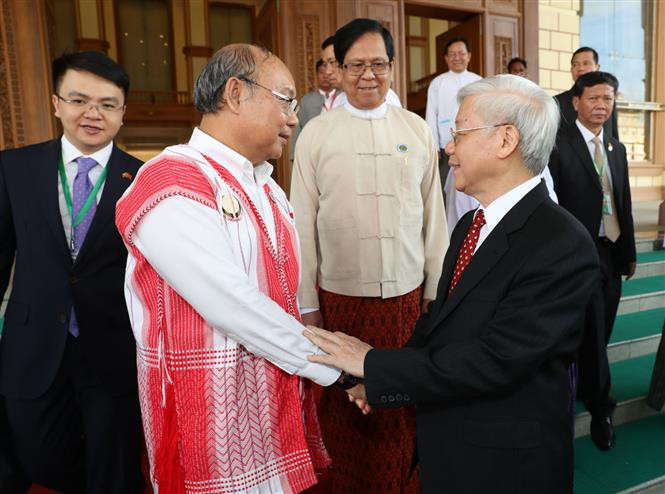 El secretario general del PCV, Nguyen Phu Trong, y el presidente del Parlamento de Myanmar, Mahn Win Khaing Than (Fuente: VNA)