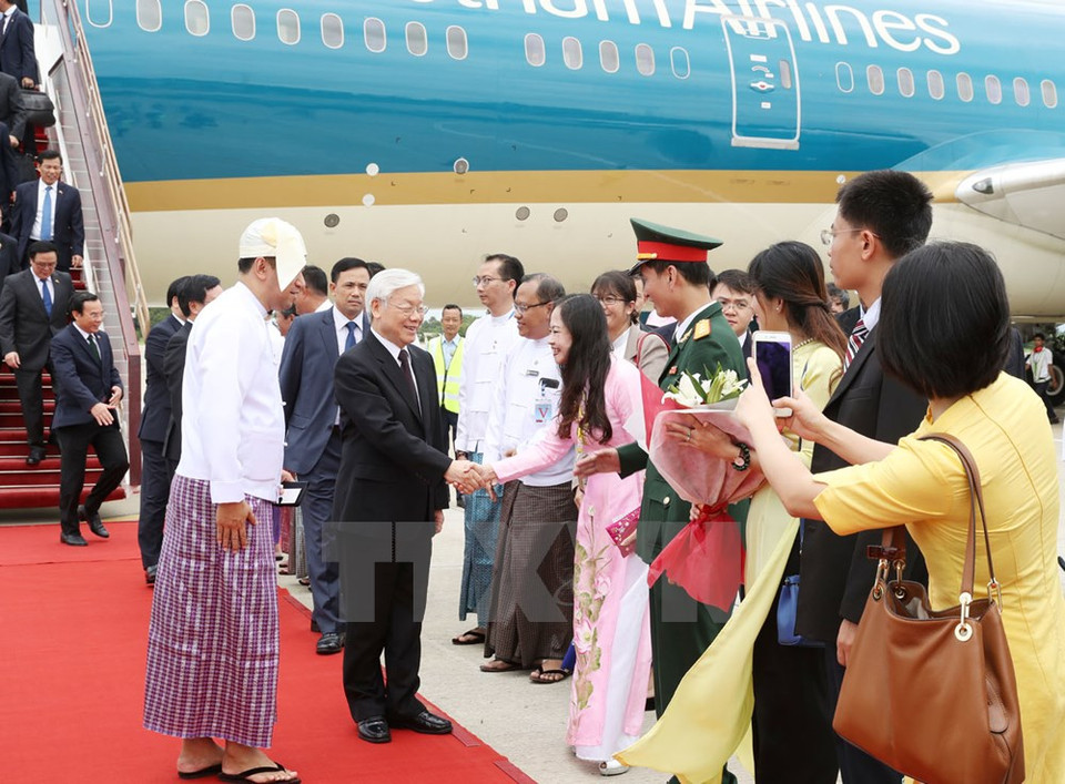 El secretario general del PCV, Nguyen Phu Trong, llegó a Myanmar (Fuente: VNA)
