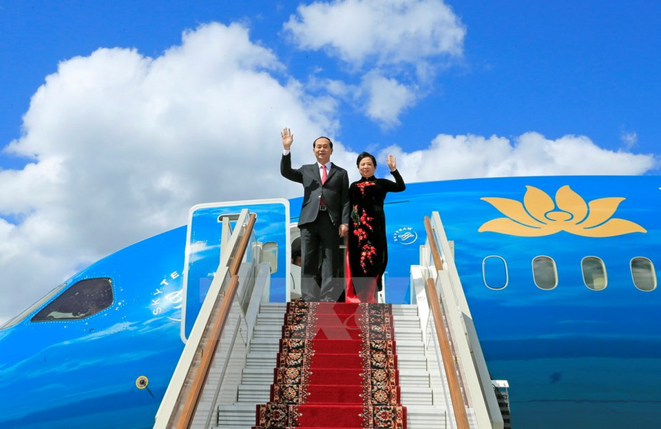 El presidente Dai Quang y su esposa llega al aeropuerto Vnúkovo 2 (Fuente: VNA)