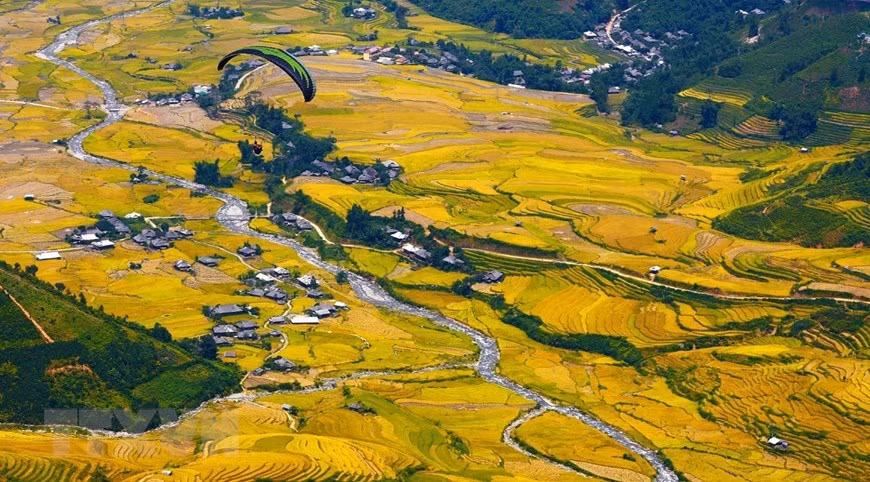 Las casas simples en el caserío Lim Thai están intercaladas con campos en terrazas. (Fuente: VNA)