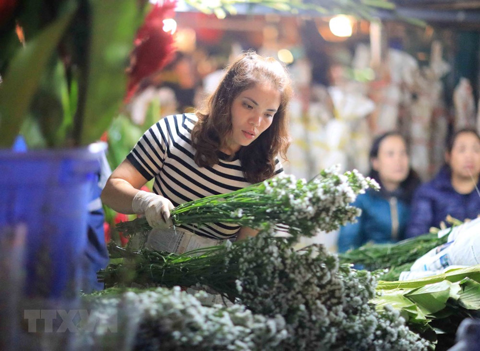 Noche en el mercado de flores Quang Ba en vísperas del Nuevo Año Lunar (Foto: VNA)