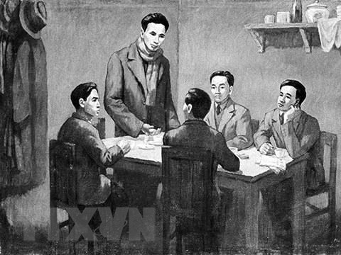 Del 6 de enero al 7 de febrero de 1930, una conferencia para unir a las organizaciones comunistas y fundar el Partido Comunista de Vietnam se celebró en Hong Kong (China), bajo la presidencia del camarada Nguyen Ai Quoc. (Pintura: Archivo de VNA) 