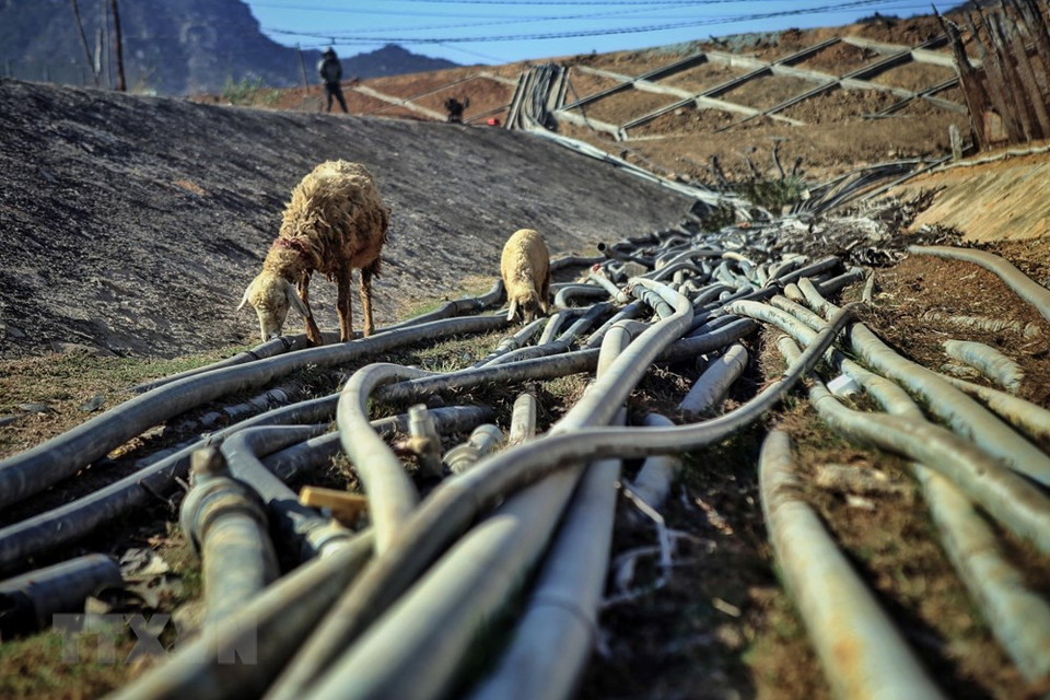 El sistema de tuberías de agua de los pozos se excava profundamente en el lecho del lago Ong Kinh, distrito de personas de Ninh Hai para obtener agua. (Foto: VNA)
