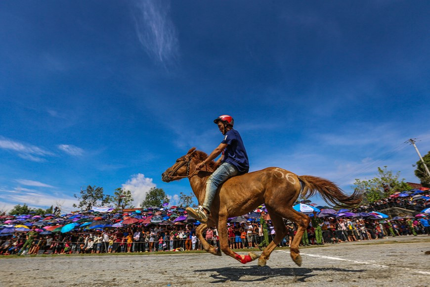 La tradicional carrera de caballos de Bac Ha de este año, que se llevó a cabo los días 30 y 31 de mayo. Al hablar sobre la competición, el director del complejo Sun World Fansipan Legend, Nguyen Xuan Chien, dio a conocer que el comité organizador se ha esforzado para llevar a cabo este evento a pesar de la evolución compleja de la pandemia del Covid-19, en aras de brindar a los excursionistas nuevas experiencias al visitar Sa Pa. Lo que es único en la carrera de Bac Ha es que los caballos de carrera se utilizan generalmente para transportar mercancías a los campos en las montañas (Foto: Vietnam +)