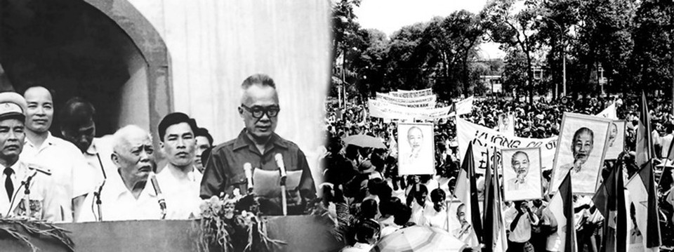 El abogado Nguyen Huu Tho, presidente del Frente de Liberación Nacional de Vietnam del Sur, pronunció un discurso para celebrar la victoria y la reunificación del país en Saigón el 15 de mayo de 1975. (Foto: VNA) 