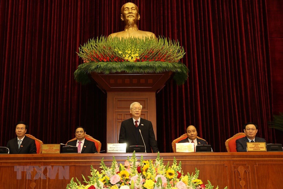 El secretario general del PCV y presidente de Vietnam, Nguyen Phu Trong, interviene en la reunión. (Foto: VNA)
