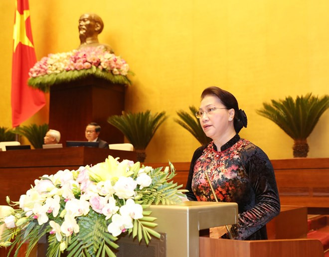 La presidenta de la Asamblea Nacional de Vietnam, Nguyen Thi Kim Ngan, en la sesión de inauguración (Fuente: VNA), 