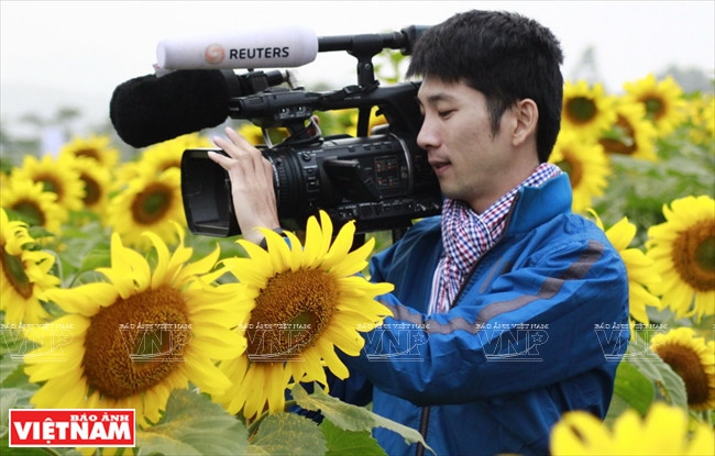 Un reportero de Reuters tomando fotos en el campo de girasol (Fuente: Revista Vietnam)