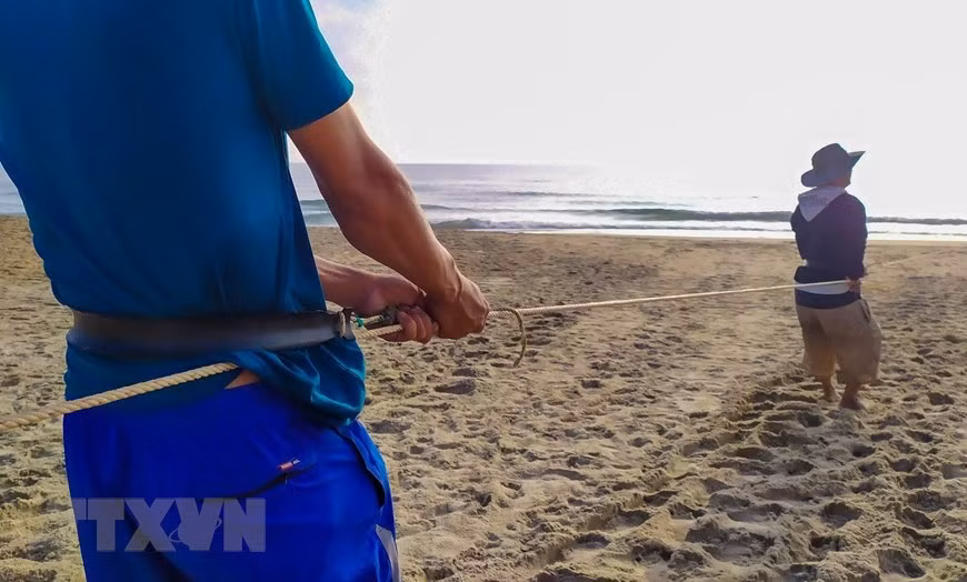Los pescadores utilizan un cinturón de caucho para aumentar la fuerza de arrastre (Fuente: VNA)