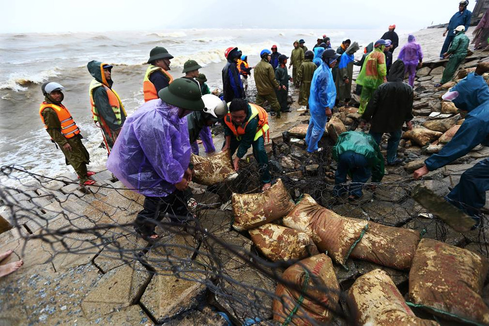 Fuerzas militares colaboran con las autoridades y los pobladores de la comuna de Cam Nhuong, en el distrito de Cam Xuyen, en la provincia de Ha Tinh, para contrarrestar la erosión a causa de las inundaciones. (Fuente: VNA)