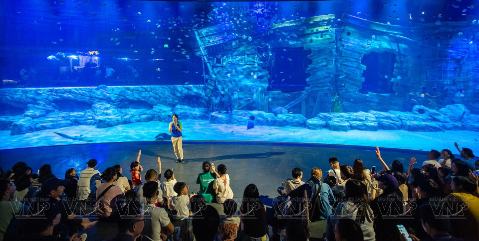 Turistas y niños escuchan una introducción sobre el Acuario Lotte World Hanoi en la principal zona de tanques acrílicos curvos de mayor tamaño del Sudeste Asiático. (Fuente:VNA)