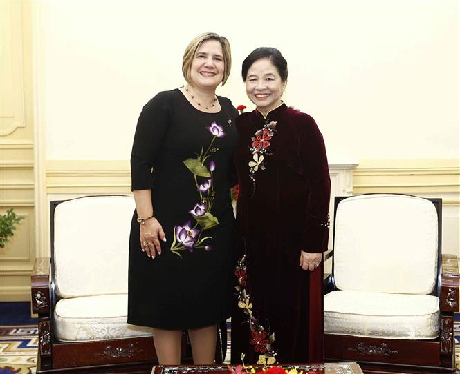La esposa del secretario general del Partido Comunista y jefe de Estado de Vietnam, Ngo Thi Man, recibe a la cónyuge del presidente de los Consejos de Estado y de Ministros de Cuba, Lis Cuesta Peraza (Fuente:VNA)