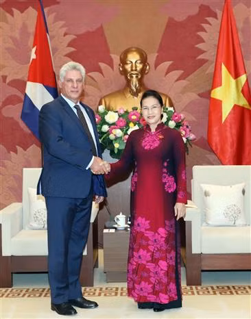 La presidenta de la Asamblea Nacional de Vietnam, Nguyen Thi Kim Ngan, se reunió con el presidente de los Consejos de Estado y de Ministros de Cuba, Miguel Díaz-Canel Bermúdez, durante su visita a Hanoi en noviembre de 2018. (Fuente: VNA)