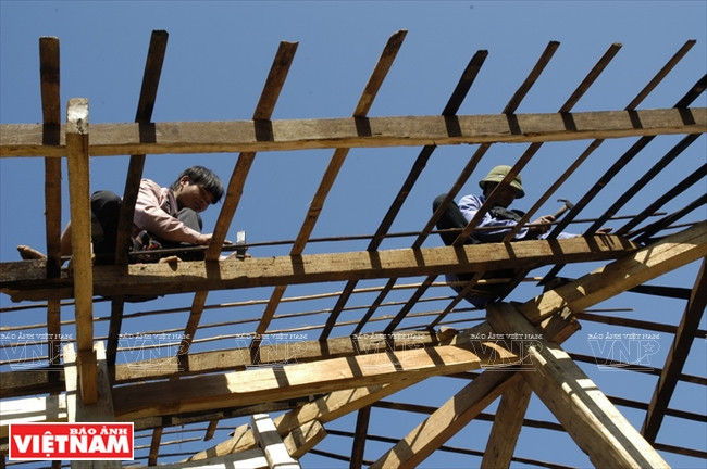 Poniendo clavos para las vigas del techo (Fuente: VNA)