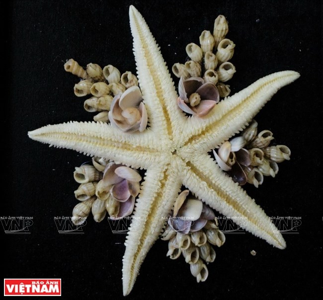 Tran Thi Ngoc Hieu, quien vive en la provincia central de Dong Nai, crea pinturas de las conchas. (Foto: VNA)