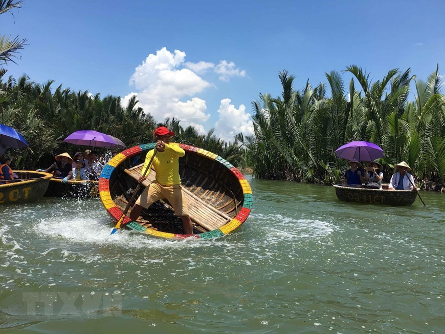 Bote de bambú en el bosque de cocotero es una experiencia maravillosa que los visitantes no deben perderse en Hoi An (Foto: VNA)