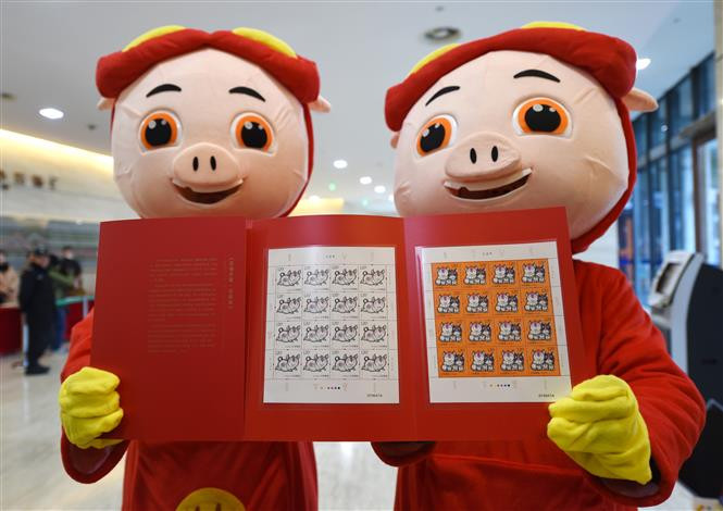 Estampillas con imágenes de cerdos, símbolos del Año Lunar 2019, exhibidas en Jiang Su, provincia china de Nan Jing. (Fuente: Xinhua/VNA)