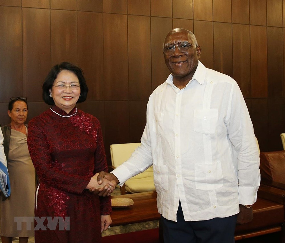 La vicepresidenta vietnamita, Dang Thi Ngoc Thinh, se entrevista con el primer vicepresidente del Consejo de Estado y de Ministros de Cuba, Salvador Valdés Mesa. (Foto: VNA)