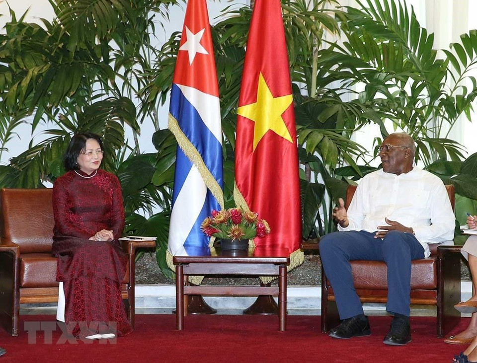 La vicepresidenta vietnamita, Dang Thi Ngoc Thinh, se entrevista con el primer vicepresidente del Consejo de Estado y de Ministros de Cuba, Salvador Valdés Mesa. (Foto: VNA)