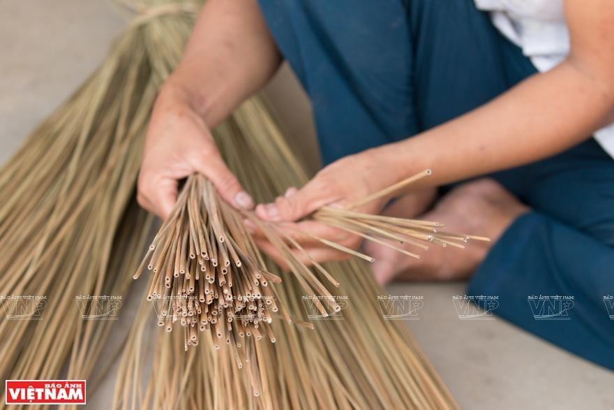 Las hojas secas de juncia gris se colocan en una prensa, luego se clasifican según su longitud (Foto: VNA)