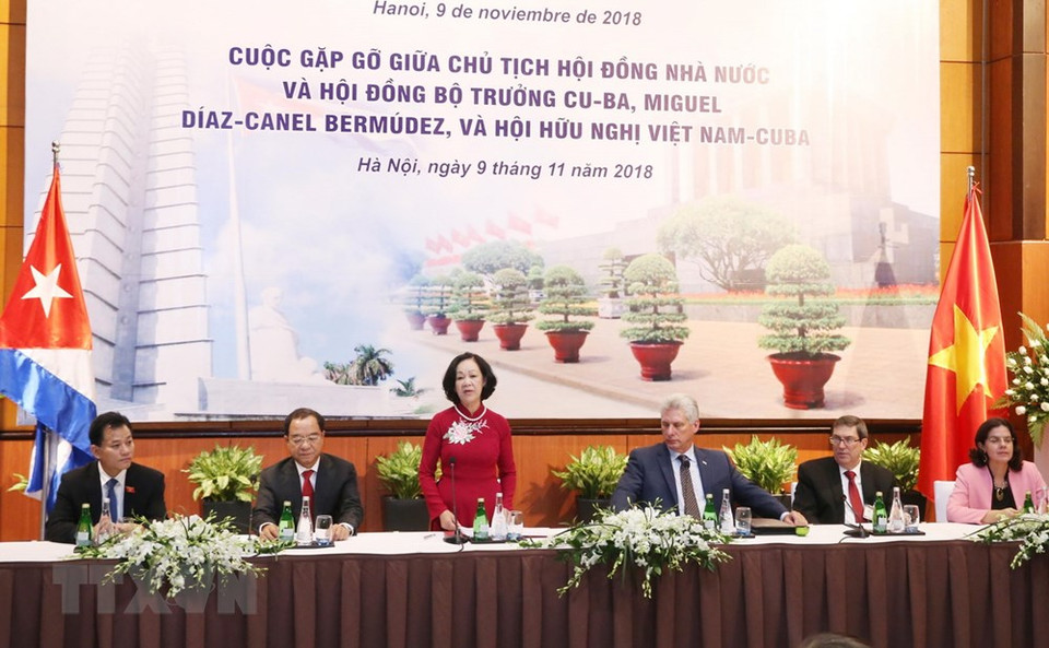 La presidenta de la Asociación de Amistad Vietnam- Cuba, Truong Thi Mai, habla en el encuentro entre el presidente cubano, Miguel Díaz- Canel, y los miembros de esta organización (Fuente: VNA)