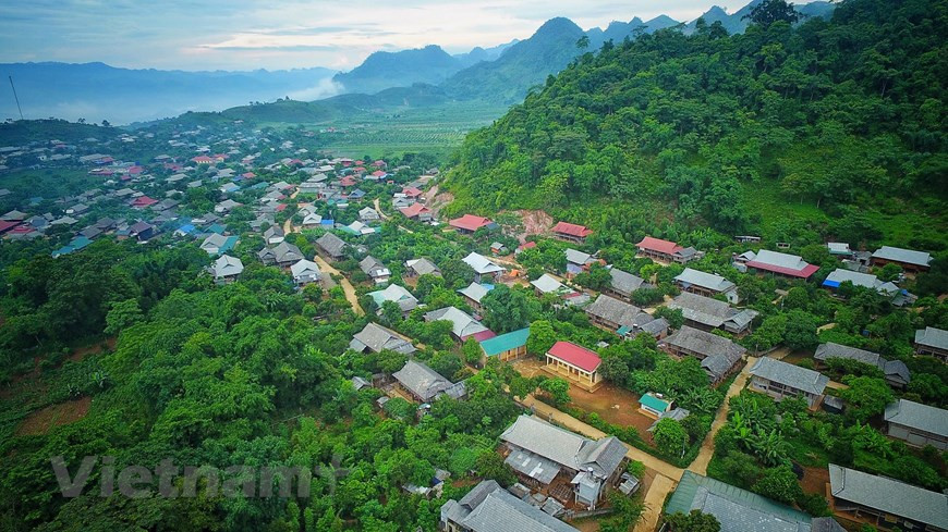 La provincia de Son La cuenta con 12 minorías étnicas que viven juntas como la Kinh, Thai, Mong, Muong, Dao, Kho Mu, entre otras. Para visitar al grupo étnico Thai en la aldea Doi, los visitantes pueden partir desde el municipio de Moc Chau de Son La en la carretera de unos 20 kilómetros que conecta a la comuna de Tan Lap. Después de encontrar el cruce de Pa Khen y girar a la derecha, solo tienen que tomar unos siete kilómetros más para llegar al destino. Este lugar aún conserva la cultura tradicional imbuida de identidad de Thai. La gente vive principalmente del cultivo de té y la cría de vacas lecheras. (Foto: Mai Mai/Vietnam+)