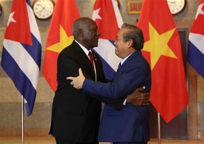  El viceprimer ministro vietnamita Truong Hoa Binh recibe al primer vicepresidente de los Consejos de Estado y de Ministros de Cuba, Salvador Valdés Mesa (Fuente: VNA)