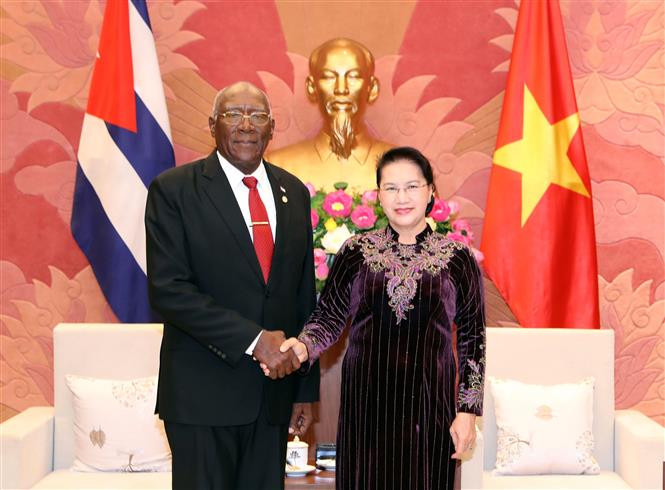 La presidente de la Asamblea Nacional de Vietnam, Nguyen Thi Kim Ngan, recibe al primer vicepresidente de los Consejos de Estado y de Ministros de Cuba, Salvador Valdés Mesa (Fuente: VNA)